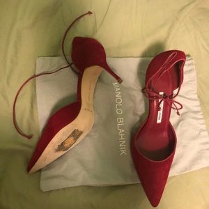 Manolo Blahnik red suede with leather trim heel